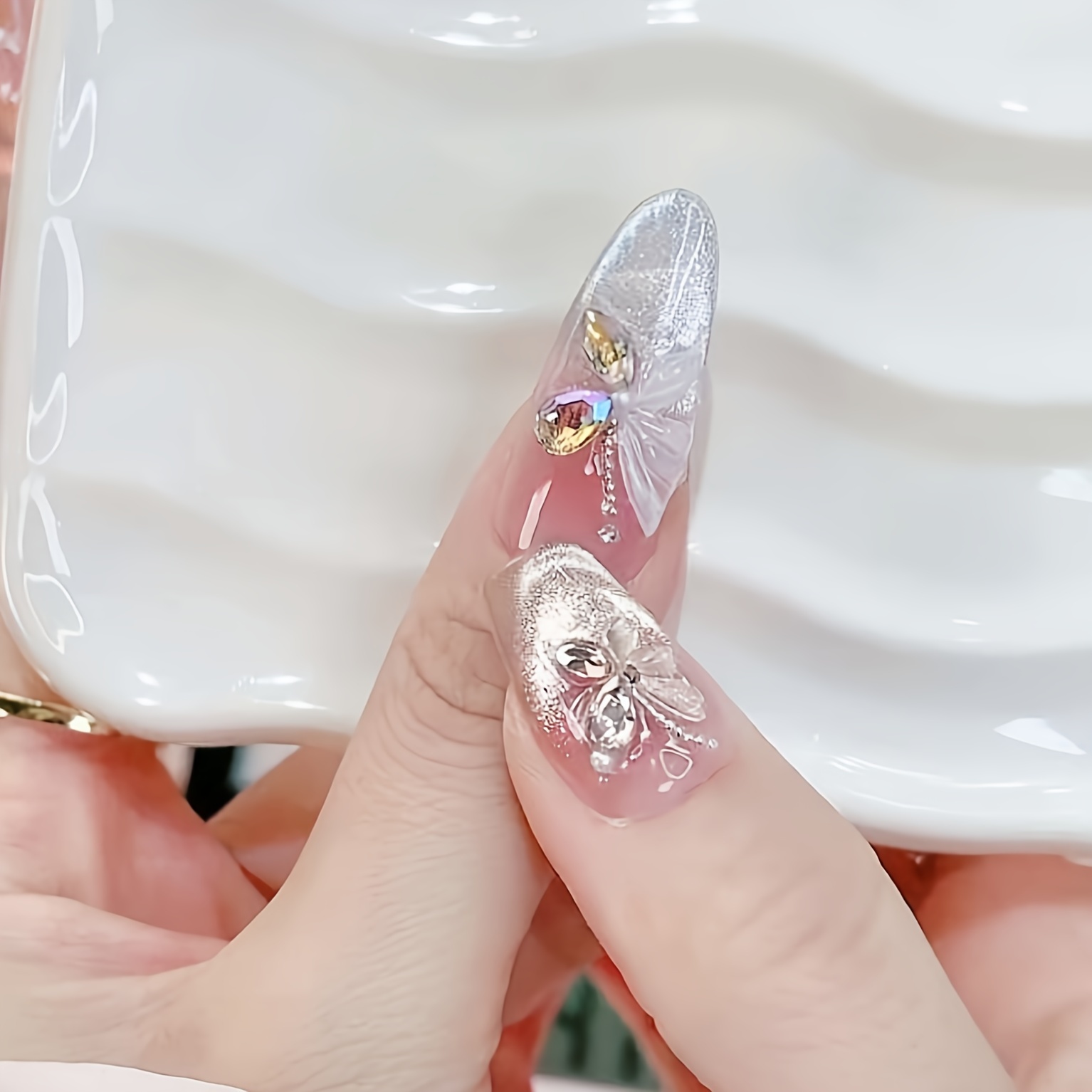 Long Oval Shape 3D Butterfly & Cat Eye Designs, Pearl Accents - Image 7
