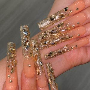 Handmade Champagne Golden Rhinestone Extra-Long Press-On Nails - Image 1