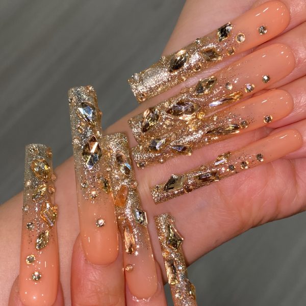 Handmade Champagne Golden Rhinestone Extra-Long Press-On Nails