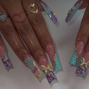 Long Square Nails Golden Butterfly & Blue Floral Accents - Image 3