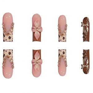 Long Square Shape, Finish 3D Flowers & Glitter, Leopard - Image 2