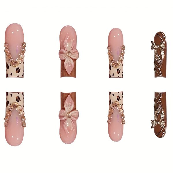 Long Square Shape, Finish 3D Flowers & Glitter, Leopard - Image 2