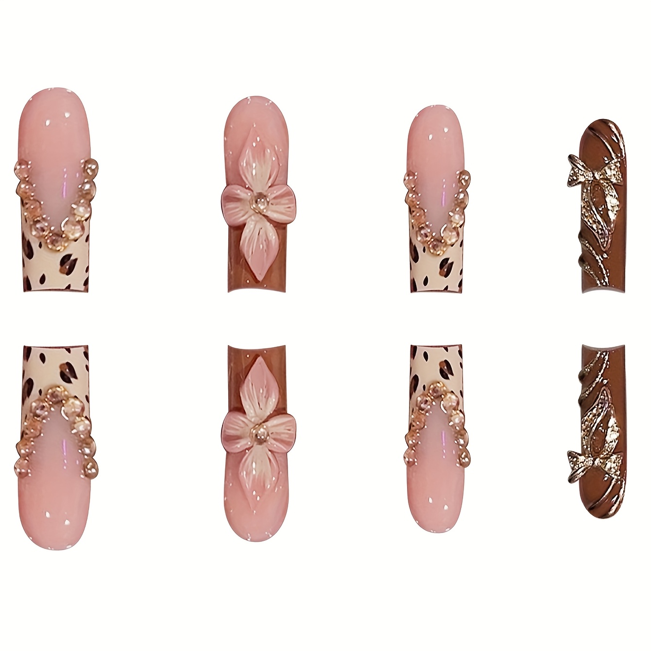 Long Square Shape, Finish 3D Flowers & Glitter, Leopard - Image 2
