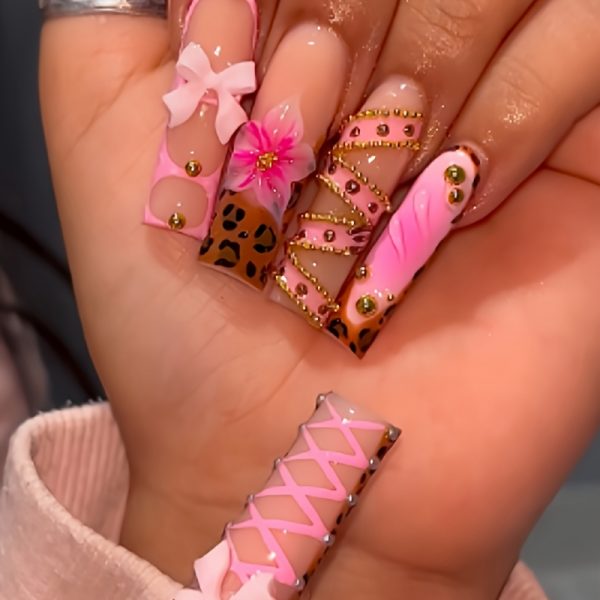 Long Square French Nail Patch Powder Brown Leopard