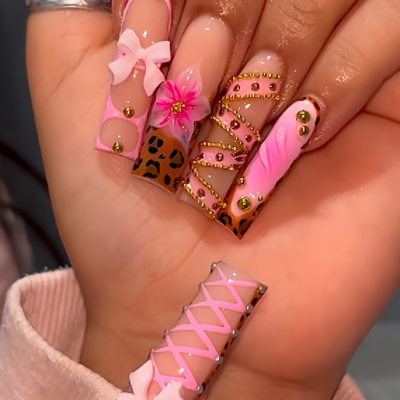 Long Square French Nail Patch Powder Brown Leopard - Image 1