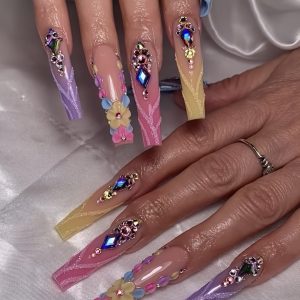 10pcs Set Fluorescent Color Series Nail Art, Pink, Yellow, Purple, Blue, 3D Carved Full Diamond Sparkling Nail Art - Image 5