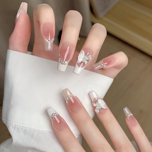 French-Style Pink Ombre, Butterfly & Diamond Accents