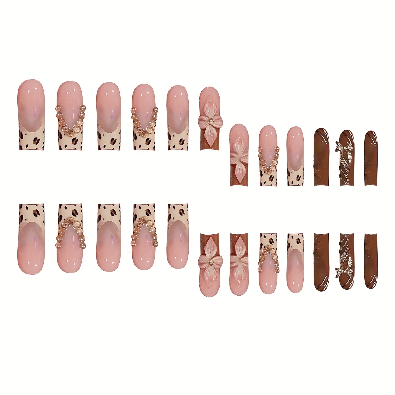 Long Square Shape, Finish 3D Flowers & Glitter, Leopard - Image 3