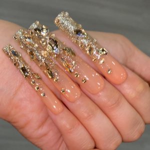 Handmade Champagne Golden Rhinestone Extra-Long Press-On Nails - Image 5
