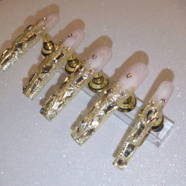 Handmade Champagne Golden Rhinestone Extra-Long Press-On Nails - Image 3
