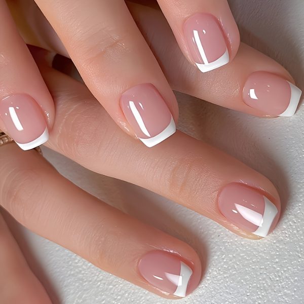 Short Coffin Press-On Nails Pink And White French Style - Image 2