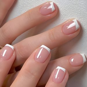 Short Coffin Press-On Nails Pink And White French Style - Image 1