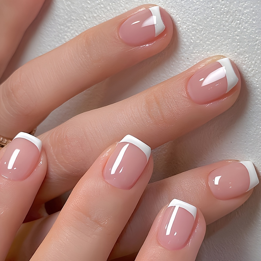 Short Coffin Press-On Nails Pink And White French Style - Image 1