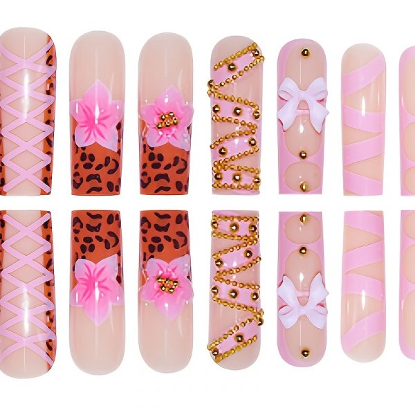 Long Square French Nail Patch Powder Brown Leopard - Image 2