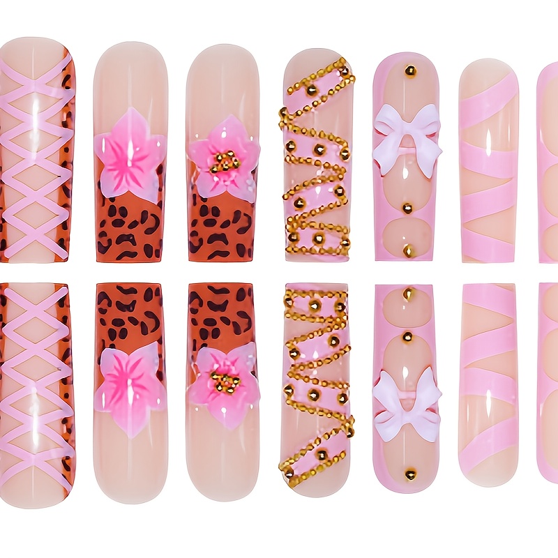 Long Square French Nail Patch Powder Brown Leopard - Image 2