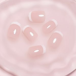 Short Coffin Press-On Nails Pink And White French Style - Image 7