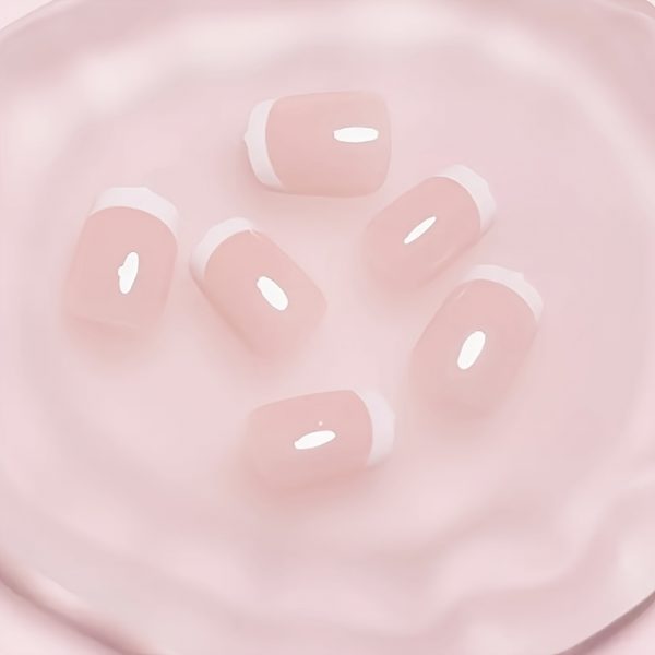 Short Coffin Press-On Nails Pink And White French Style - Image 7