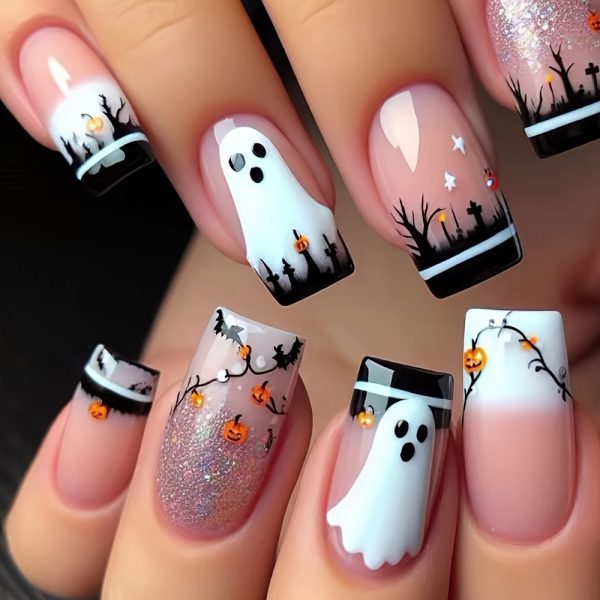 Press-On Nails with Smiling Face Halloween