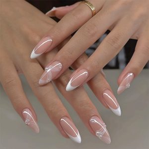 24pcs Medium Almond White French Tips & 3D Press-On Nails