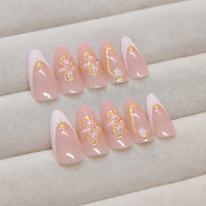 Long Square Nails Pink Floral & Golden accents - Image 5