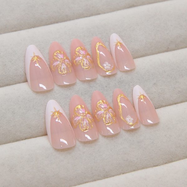 Long Square Nails Pink Floral & Golden accents - Image 5
