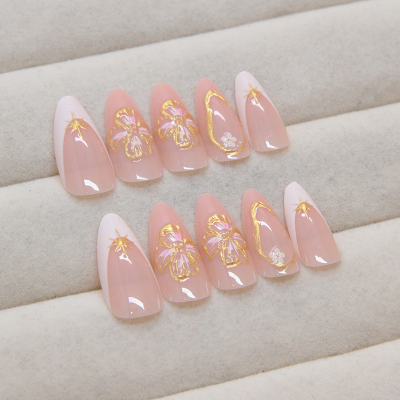 Long Square Nails Pink Floral & Golden accents - Image 5