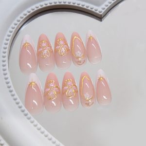 Long Square Nails Pink Floral & Golden accents - Image 3
