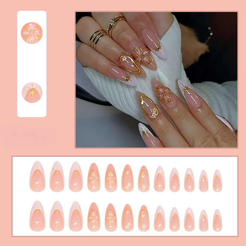 Long Square Nails Pink Floral & Golden accents - Image 2