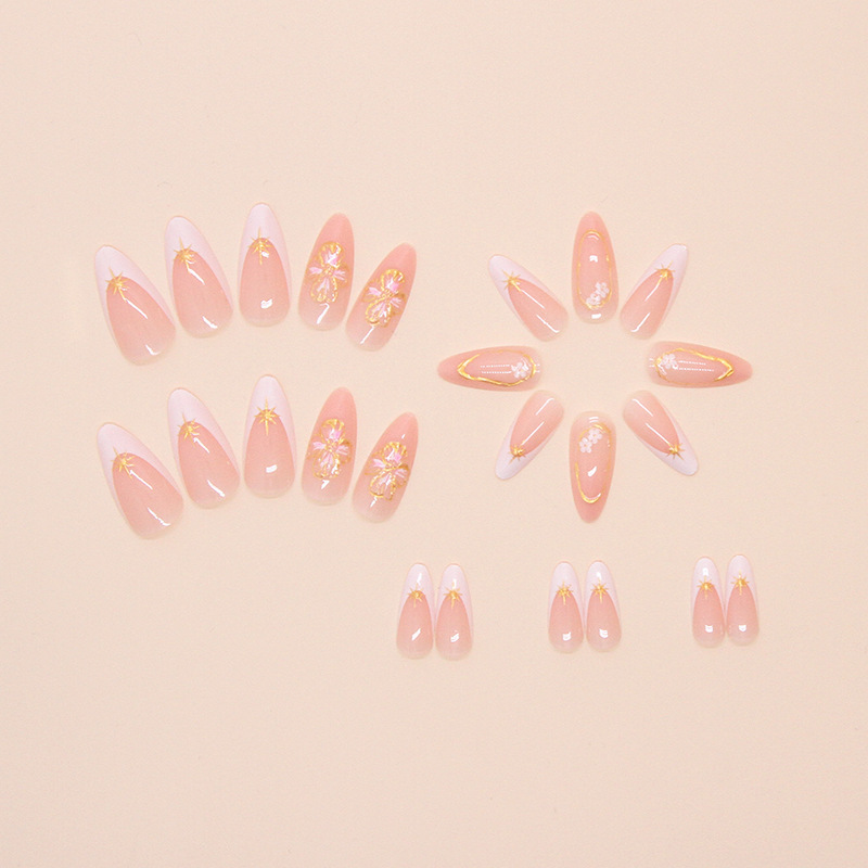 Long Square Nails Pink Floral & Golden accents - Image 6