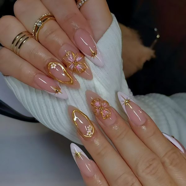 Long Square Nails Pink Floral & Golden accents