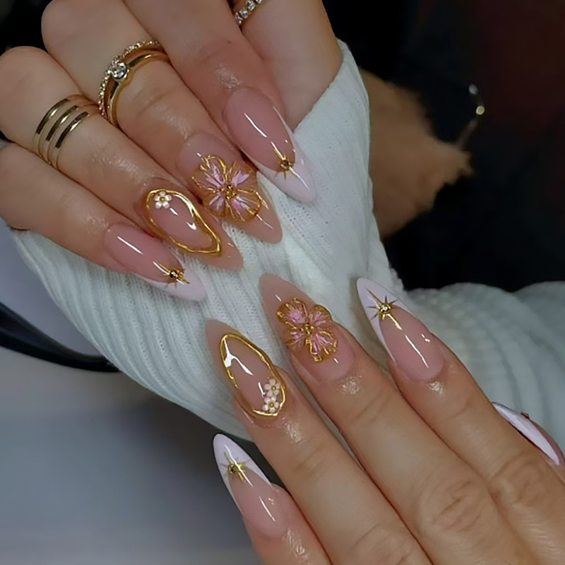 Long Square Nails Pink Floral & Golden accents - Image 1