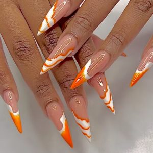 Orange & White Wave French Nail Tips - Image 1