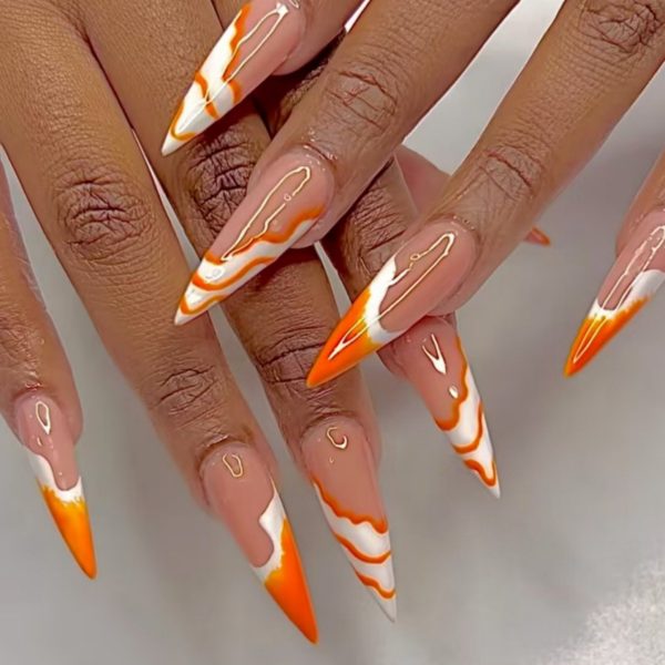 Orange & White Wave French Nail Tips