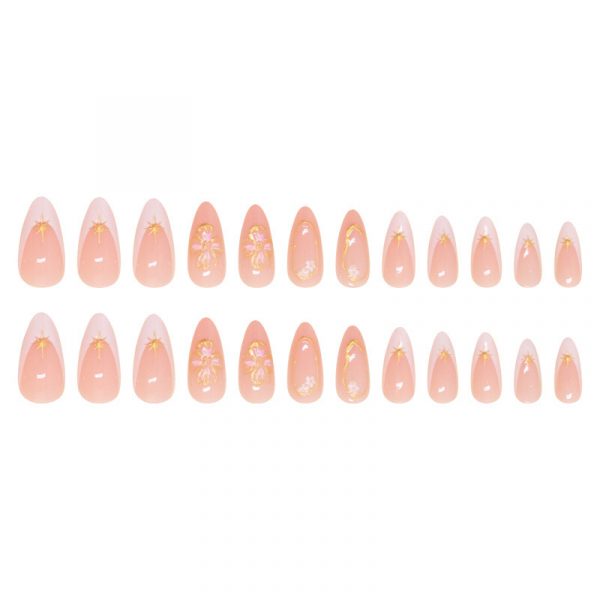 Long Square Nails Pink Floral & Golden accents - Image 7