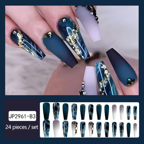 Long Marbled Rhinestone Coffin Dark Green Press-On Nails - Image 4