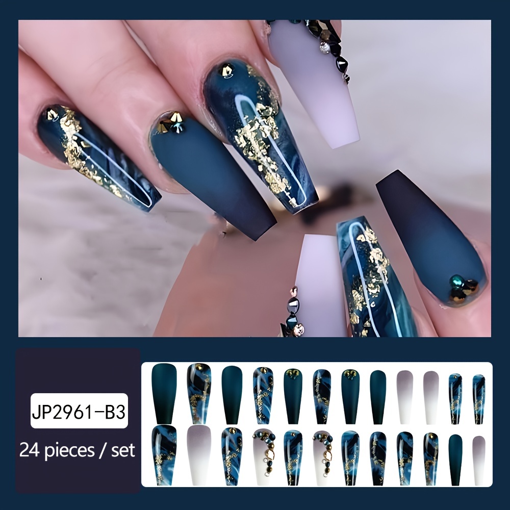 Long Marbled Rhinestone Coffin Dark Green Press-On Nails - Image 4