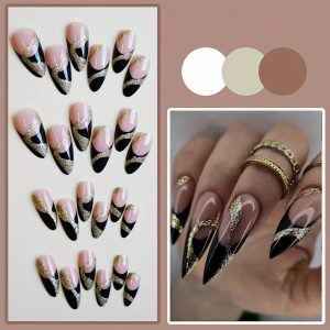 Monina French Gothic Black & Golden Almond-Shaped Press-On Nails - Image 6