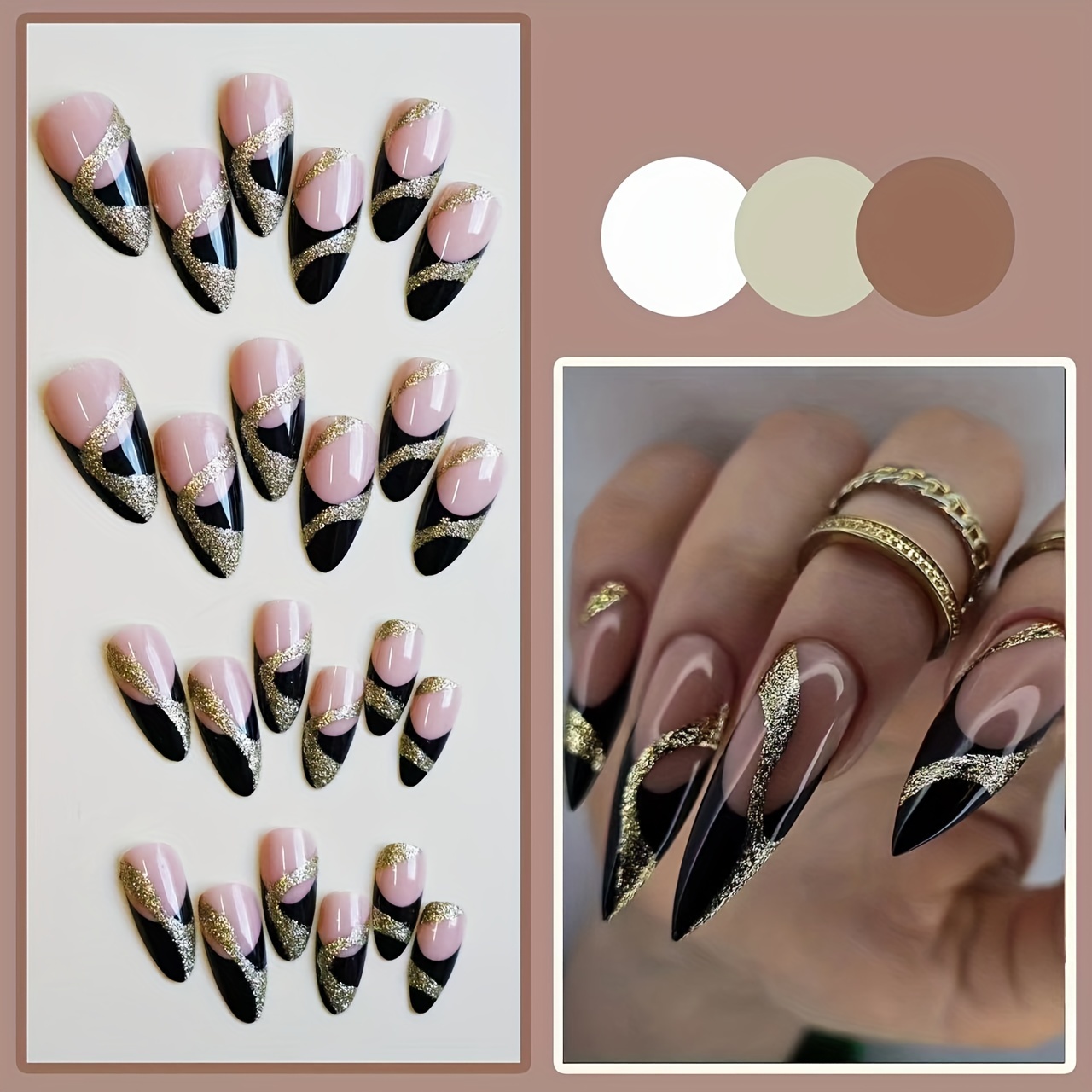 Monina French Gothic Black & Golden Almond-Shaped Press-On Nails - Image 6