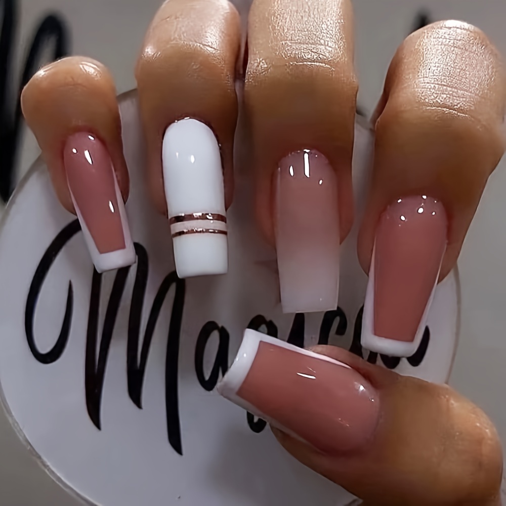 Long Coffin Press On Nails - Ballerina French Tip - Image 2