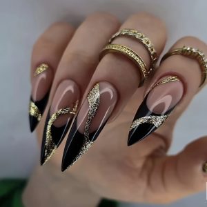 Monina French Gothic Black & Golden Almond-Shaped Press-On Nails - Image 2