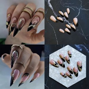 Monina French Gothic Black & Golden Almond-Shaped Press-On Nails - Image 3