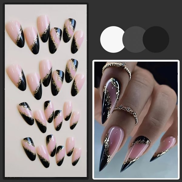 Monina French Gothic Black & Golden Almond-Shaped Press-On Nails - Image 4