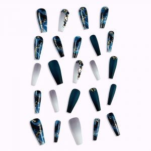 Long Marbled Rhinestone Coffin Dark Green Press-On Nails - Image 6