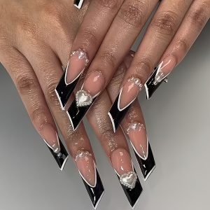 Black French and Glitter Medium Lipstick Shaped - Image 1