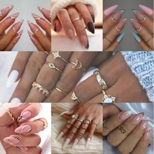 Rings Purple Pink Black Golden Line Nails Medium Almond Shaped - Image 10