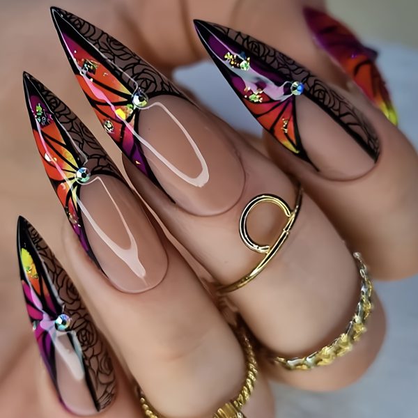 French Black Rose Rhinestone Almond Press-On Nails