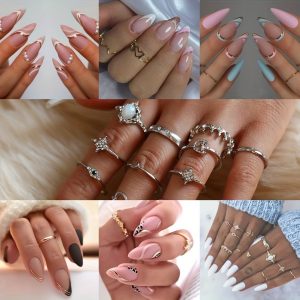 Rings Purple Pink Black Golden Line Nails Medium Almond Shaped - Image 9