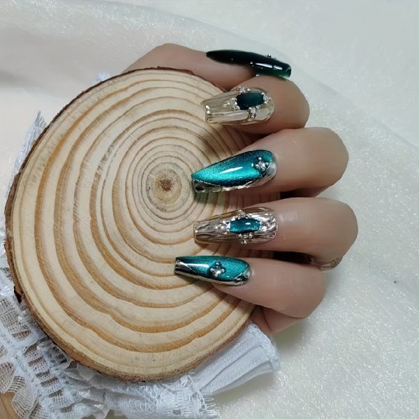 Handmade Emerald Green Press-On Nails with Rhinestone Accents - Image 6