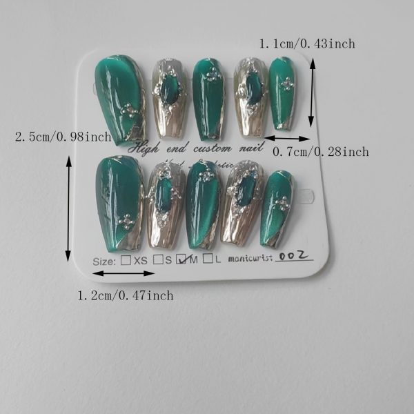 Handmade Emerald Green Press-On Nails with Rhinestone Accents - Image 7