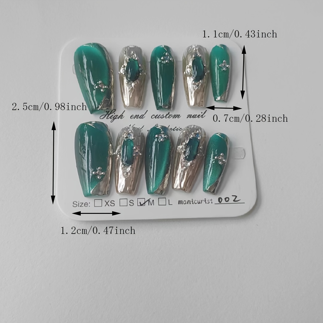 Handmade Emerald Green Press-On Nails with Rhinestone Accents - Image 7